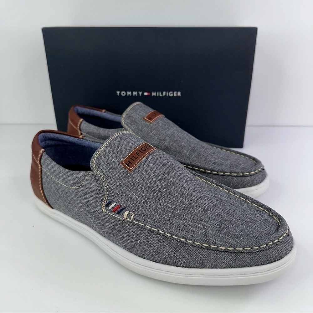 TOMMY HILFIGER Mens Gray Linen Stretch Carlid Round Toe Slip On Sneakers